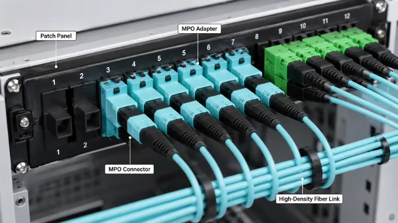 MPO adapter mounted in a high-density fiber patch panel with MPO connectors and labeled network components. MPO adapter mounted in a high-density fiber patch panel with MPO connectors and labeled network components.