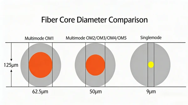 Single-mode and multimode fiber core diameter comparison showing 9-micron core with single light path versus 50-micron core with multiple light paths Single-mode and multimode fiber core diameter comparison showing 9-micron core with single light path versus 50-micron core with multiple light paths