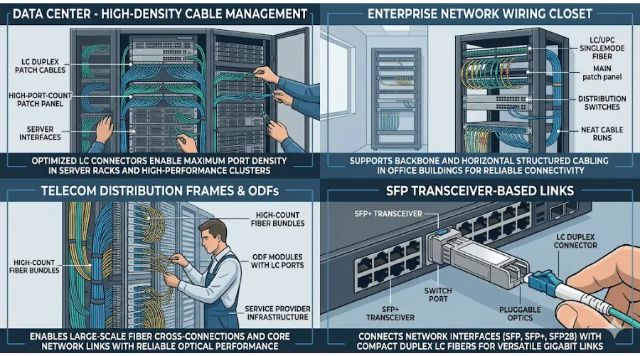 Common applications of LC fiber connectors in data centers, enterprise networks, telecom, and SFP links