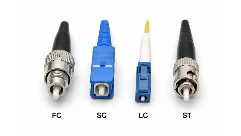 Photorealistic comparison of FC, SC, LC, and ST fiber optic connectors Photorealistic comparison of FC, SC, LC, and ST fiber optic connectors
