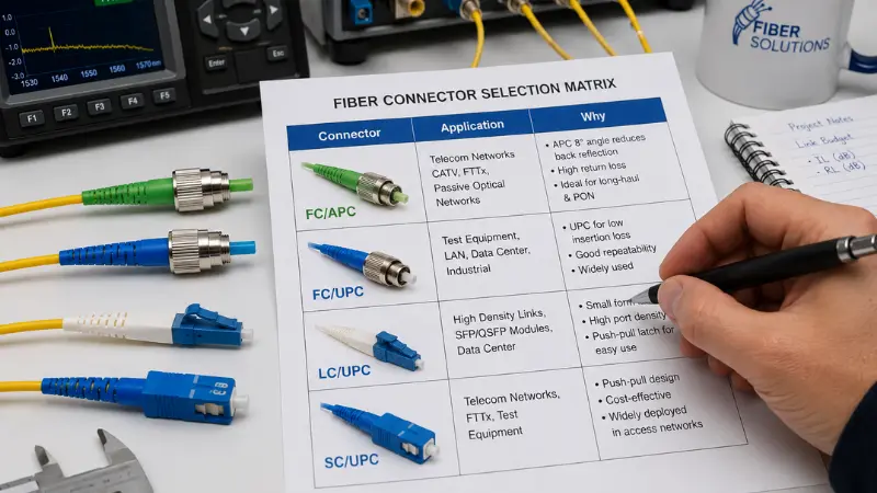 Engineer comparing FC, LC, and SC fiber connectors using a connector selection matrix Engineer comparing FC, LC, and SC fiber connectors using a connector selection matrix