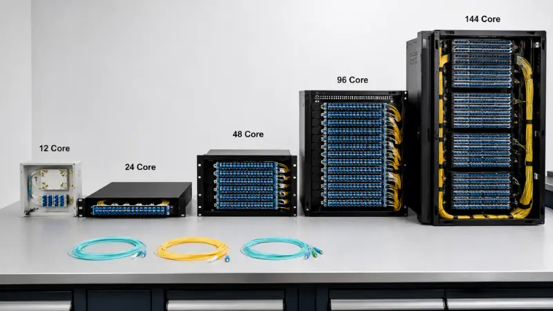 Optical fiber patch panel capacity comparison from 12 core to 144 core ODF configurations