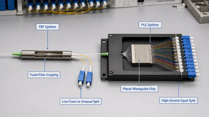 FBT splitter vs PLC splitter showing fused fiber coupling and planar waveguide chip structures