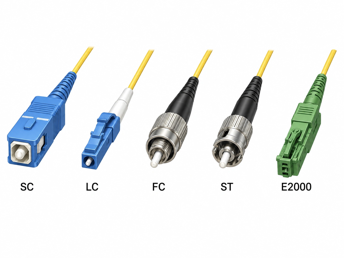 Single mode fiber optic pigtail connector interface options laid out side by side: SC, LC, FC, ST and E2000 pigtails with 0.9 mm tight-buffered tails, showing the latch and ferrule geometry that each IEC 61754 part defines for panel and adapter compatibility Single mode fiber optic pigtail connector interface options laid out side by side: SC, LC, FC, ST and E2000 pigtails with 0.9 mm tight-buffered tails, showing the latch and ferrule geometry that each IEC 61754 part defines for panel and adapter compatibility