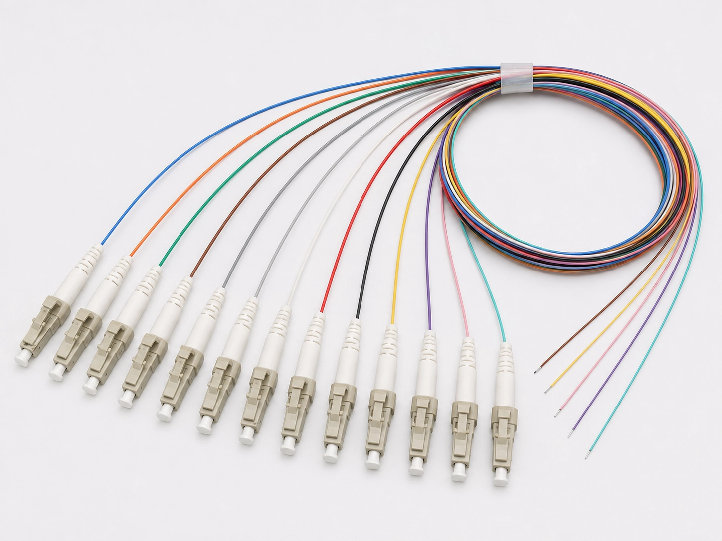 12 color fiber optic pigtail set following ANSI TIA 598 D color code with LC connectors for patch panel installation