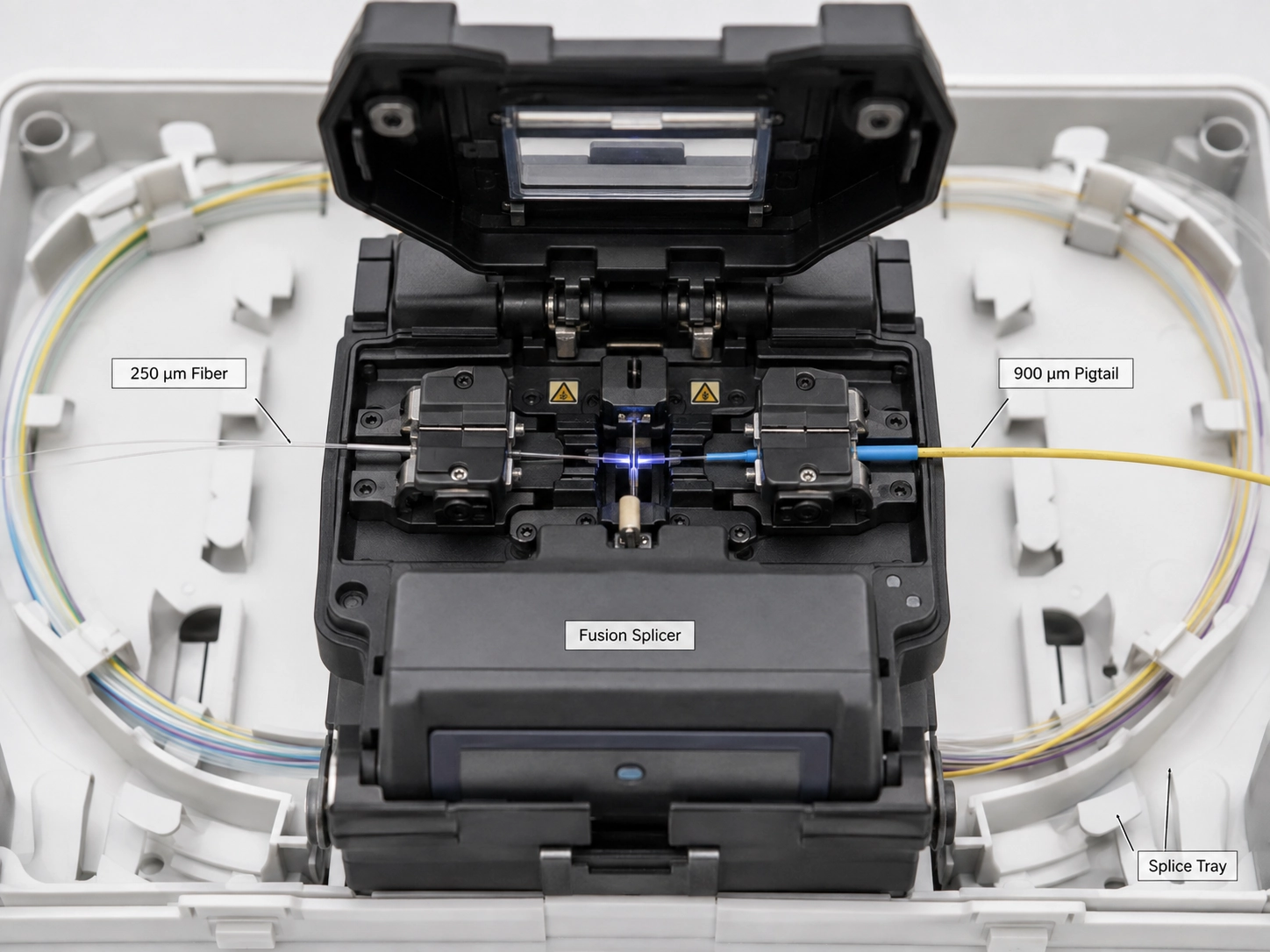Precision optical fiber fusion splicer performing alignment connecting 250um fiber to 900um pigtail inside a splice tray